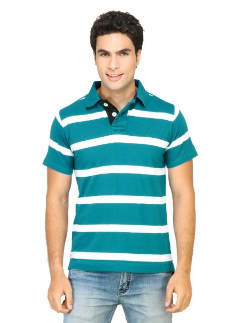 Basics Men Turquoise Blue Striped Polo T-shirt