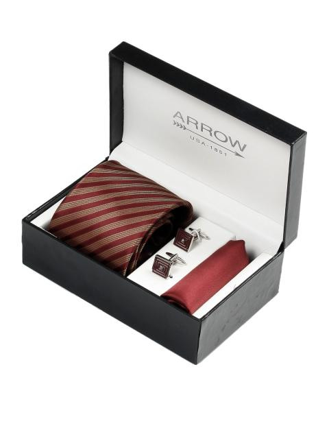Arrow Men Formal Maroon Tie+Cufflink+Pocket square - Combo Pack