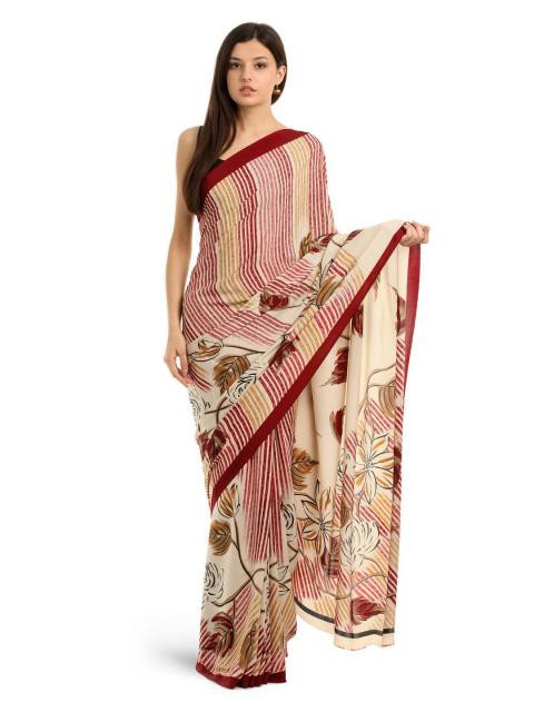 Prafful Belge & Red Crepe Printed Saree