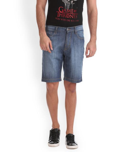Flying Machine Men Blue Solid Regular Fit Denim Shorts
