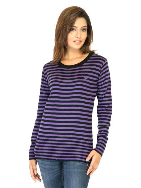 Flying Machine Women Stripes Purple Sweaters