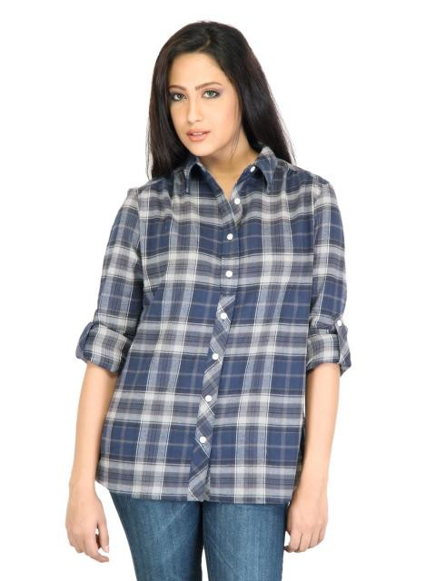 United Colors of Benetton Women Check Navy Blue Shirts