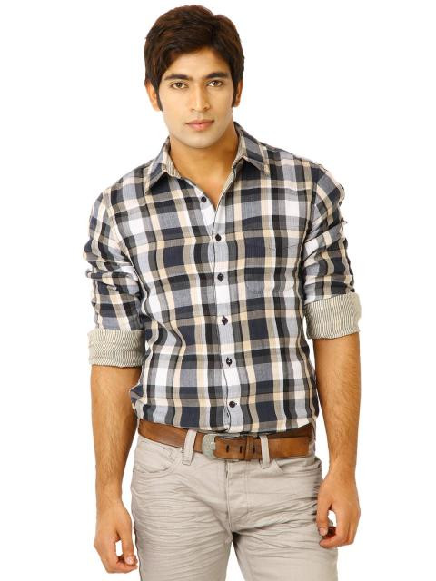 United Colors of Benetton Men Checks Grey Shirts