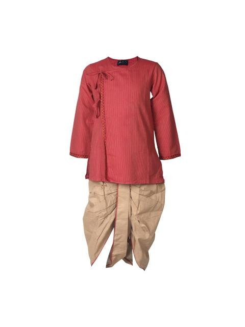 Fabindia Boys Red & Beige Angarakha Dhoti Set