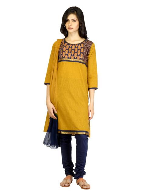 Vishudh Women Mustard Yellow & Navy Churidar Kurta with Dupatta
