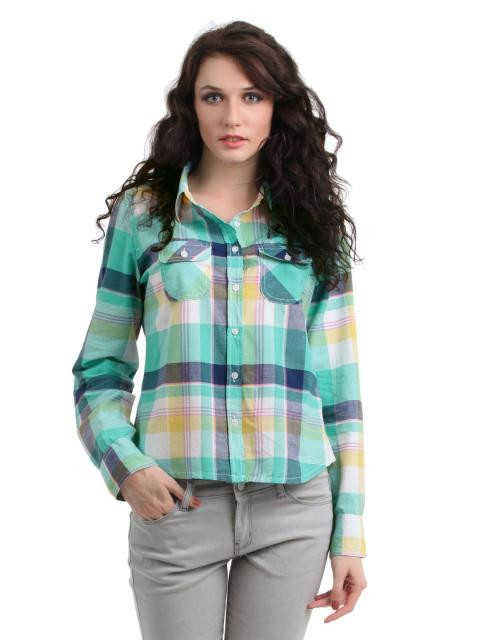 Myntra Women Turquoise Blue Check Shirt