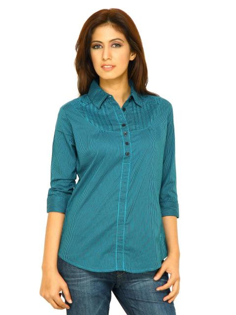 Wrangler Women Smocked Yoke Blue Tops