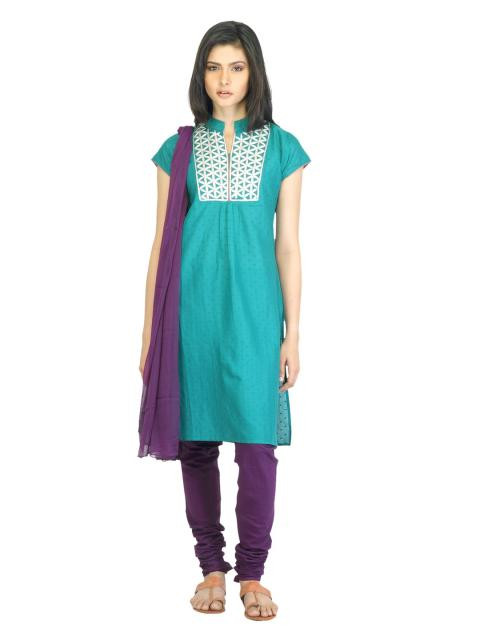 Vishudh Women Green & Purple Printed Churidar Kurta with Dupatta