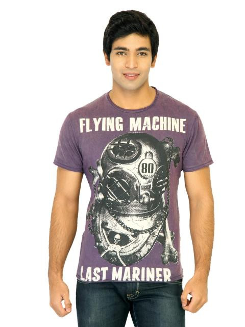 Flying Machine Men Printed Purple Tshirts