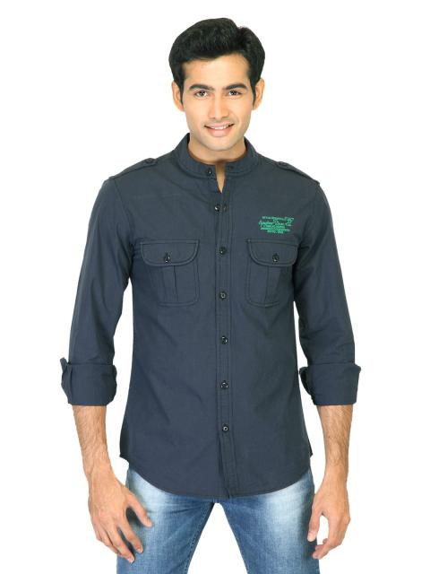 Spykar Men Mandarin Collar Blue Shirts