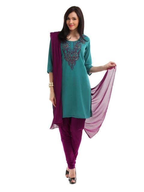 Ayaany Women Teal & Purple Embroidered Churidar Kurta with Dupatta