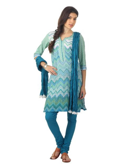 Biba Outlet Women Blue & Green Printed Churidar Kurta with Dupatta
