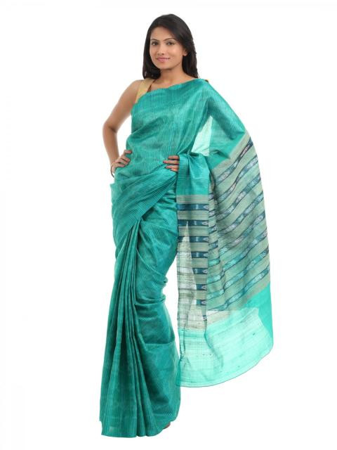 Fabindia Green Tie & Dye Ghicha Striped Saree
