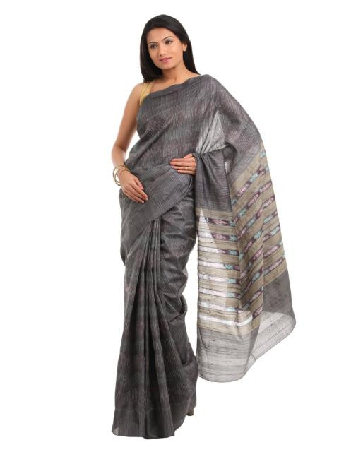 Fabindia Grey Tie & Dye Ghicha Striped Saree