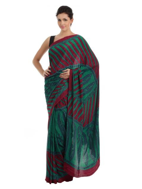 Prafful Green & Maroon Printed Sari