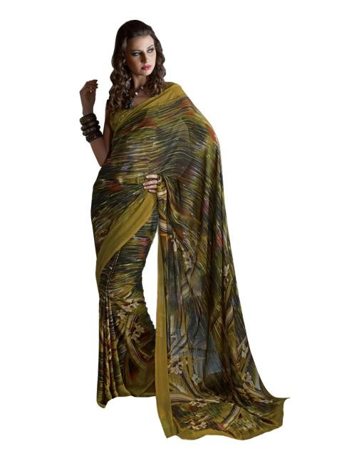 Prafful Olive Green Georgette Printed Saree
