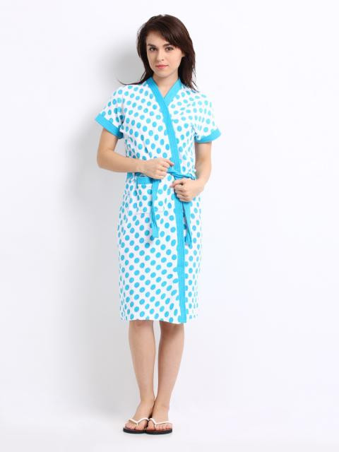 Red Rose Women White & Blue Polka Dot Print Bath Robe