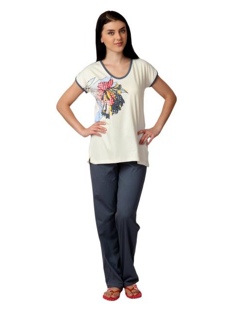 SDL by Sweet Dreams Women Cream & Grey Night Suit S11-3186