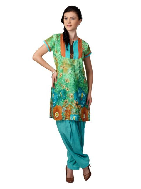 Shree Women Green and Blue Printed Patiala Kurta Set