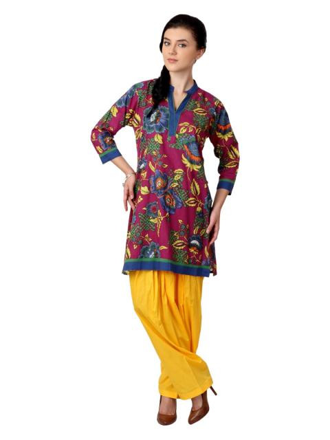 Shree Women Magenta and Yellow Printed Patiala Kurta Set