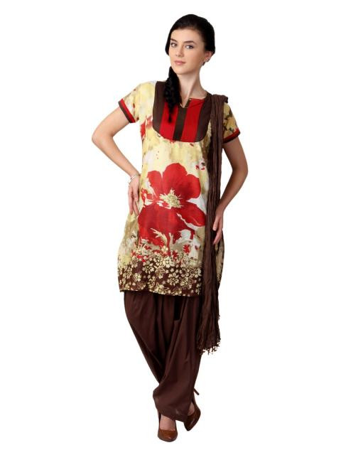 Shree Women Yellow & Brown Printed Salwar Suit with Dupatta