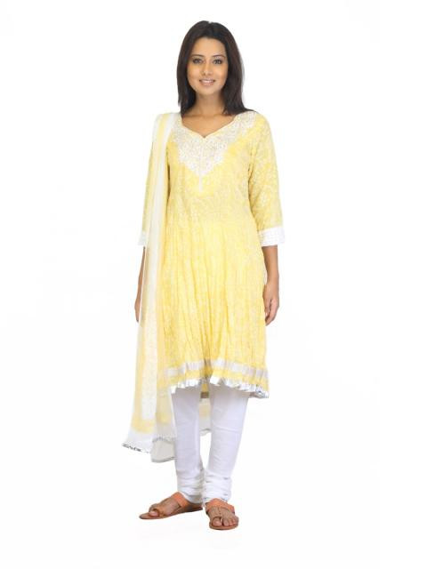 Biba Women Yellow & White Printed Churidar Kurta with Dupatta