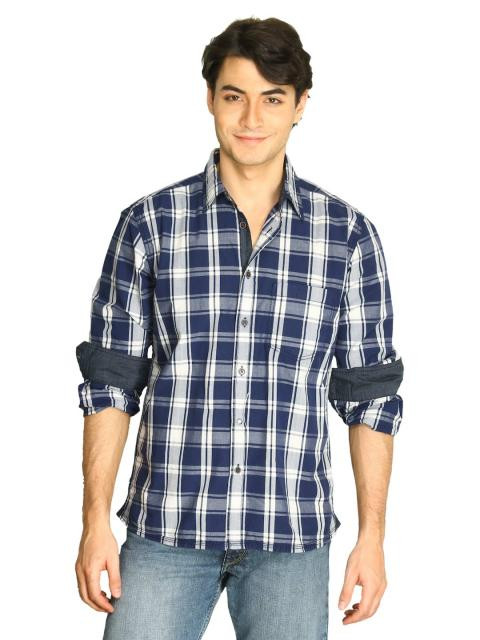 Indigo Nation Men  Navy Blue & White Checks Shirt