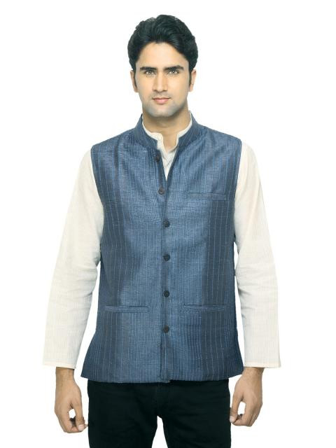 Fabindia Men Striped Blue Silk Sleeveless Jacket