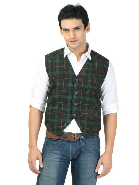 Basics Men Brown Checked Waistcoat