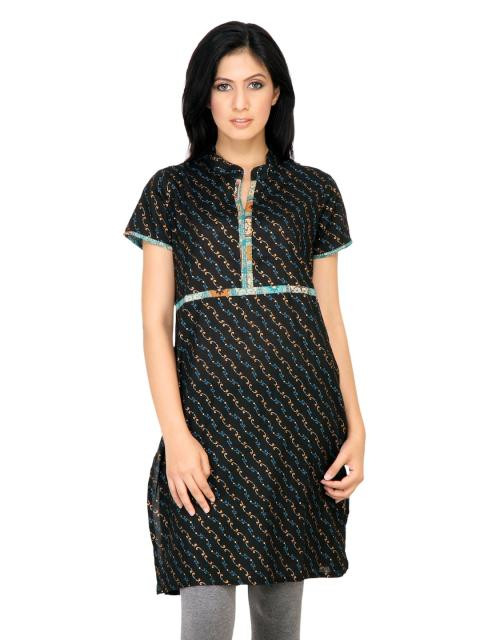 Vishudh Women Golden Print Black and Blue Kurtis