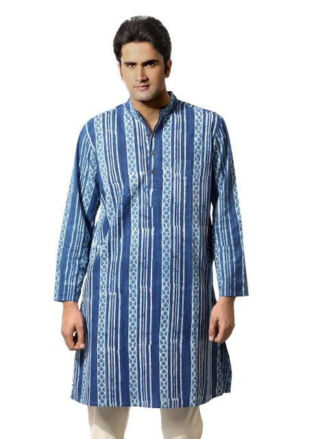Fabindia Men Printed Blue Kurta