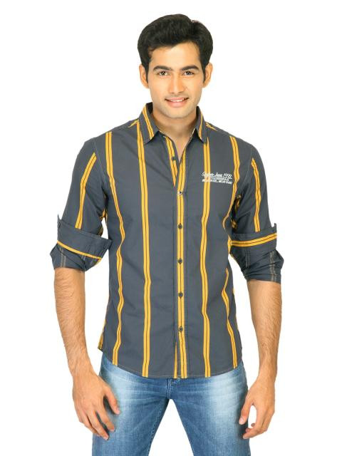Spykar Men Bold Stripes Grey Shirts