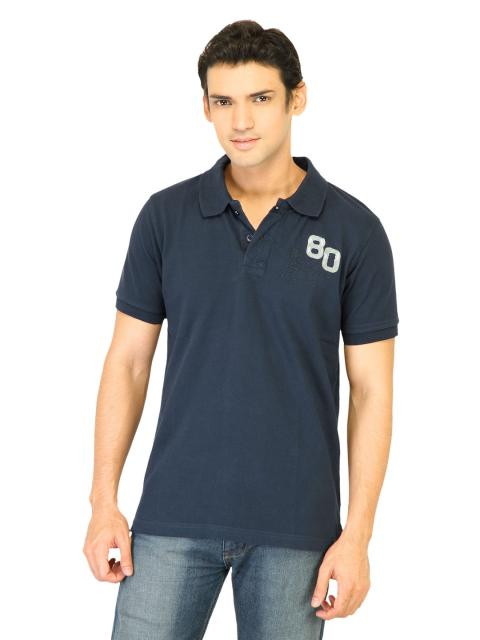 Flying Machine Men Solid Navy Blue Polo Tshirts