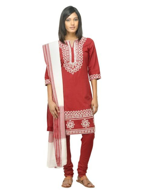 Biba Women Red Embroidered Churidar Kurta with Dupatta
