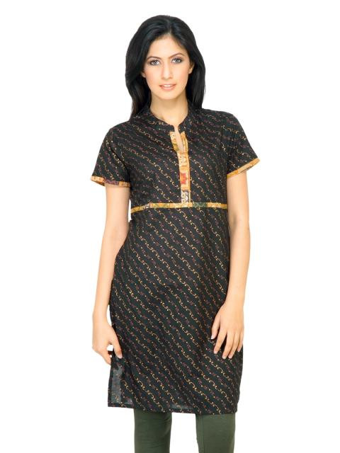 Vishudh Women Golden Print Black Kurtis