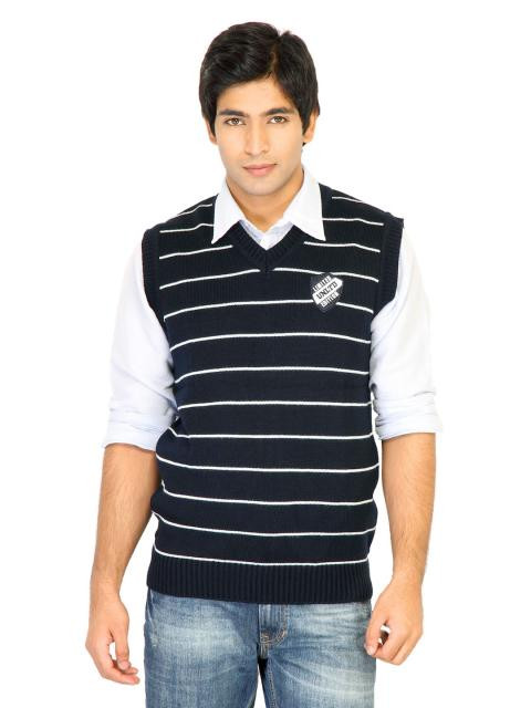 Indigo Nation Men Stripes Navy Blue Sweaters