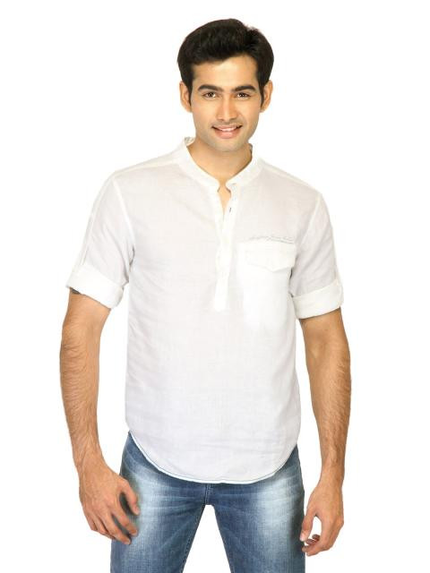 Spykar Men Mandarin Collar White Shirts