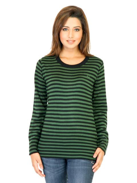 Flying Machine Women Stripes Green Sweaters
