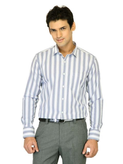 John Miller Men White Striped Blue Shirt