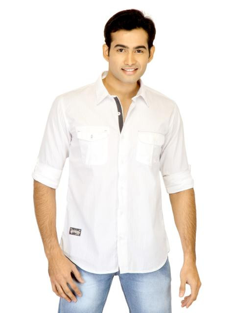 Basics Men White Slim Fit Striped Shirt