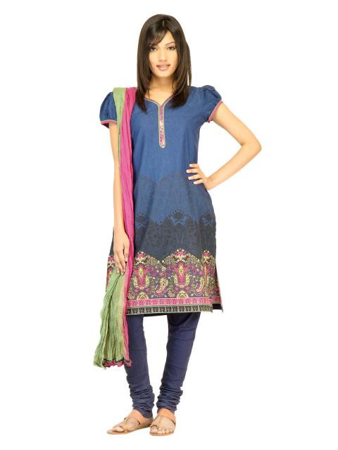 Biba Women Blue Printed Churidar Kurta with Dupatta