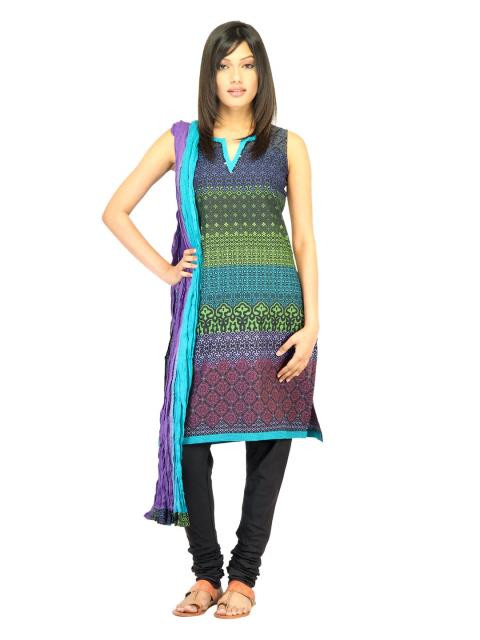 Biba Women Green & Black Printed Churidar Kurta with Dupatta