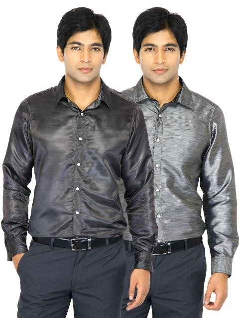 Indigo Nation Men Solid Grey Shirts