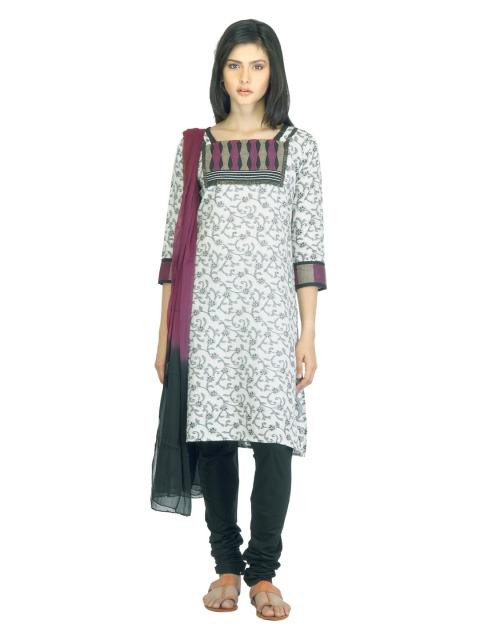 Vishudh Women White and Black Churidar Kurta with Dupatta