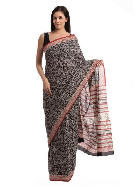Fabindia H& Printed Black Cotton Sari
