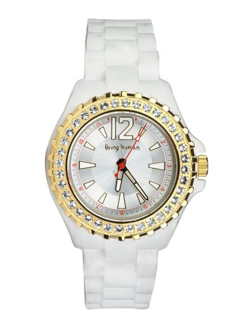 Being Human Women White Silicon Strap Stones Watch