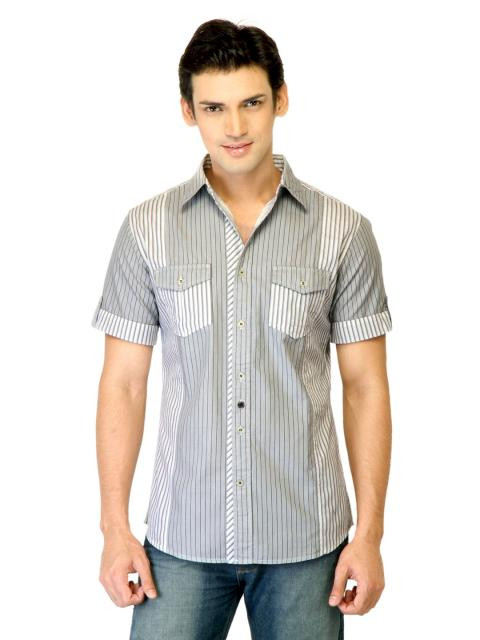 United Colors of Benetton Men Stripes Grey Shirts