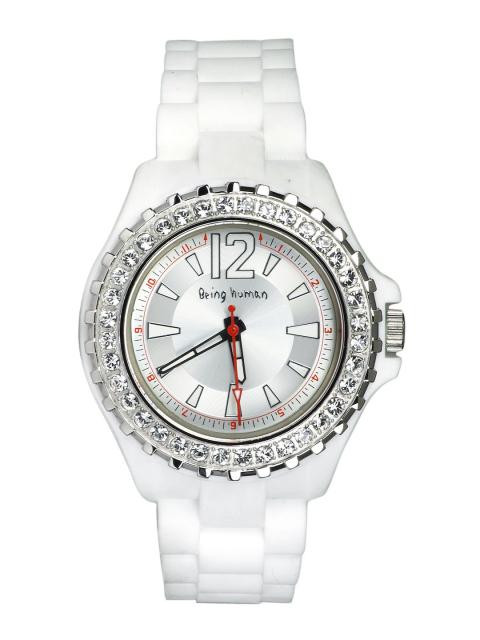 Being Human Women White Silicon Strap Stones Watch