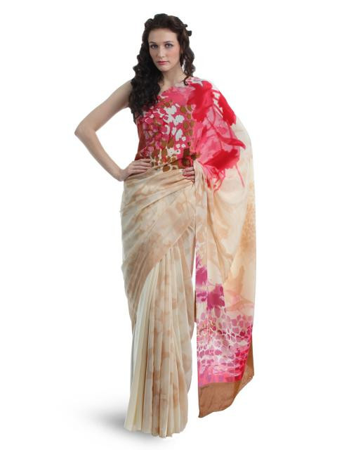 Satya Paul Cream and Brown Saree