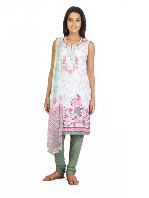Biba Outlet Women White & Green Printed Churidar Kurta with Dupatta